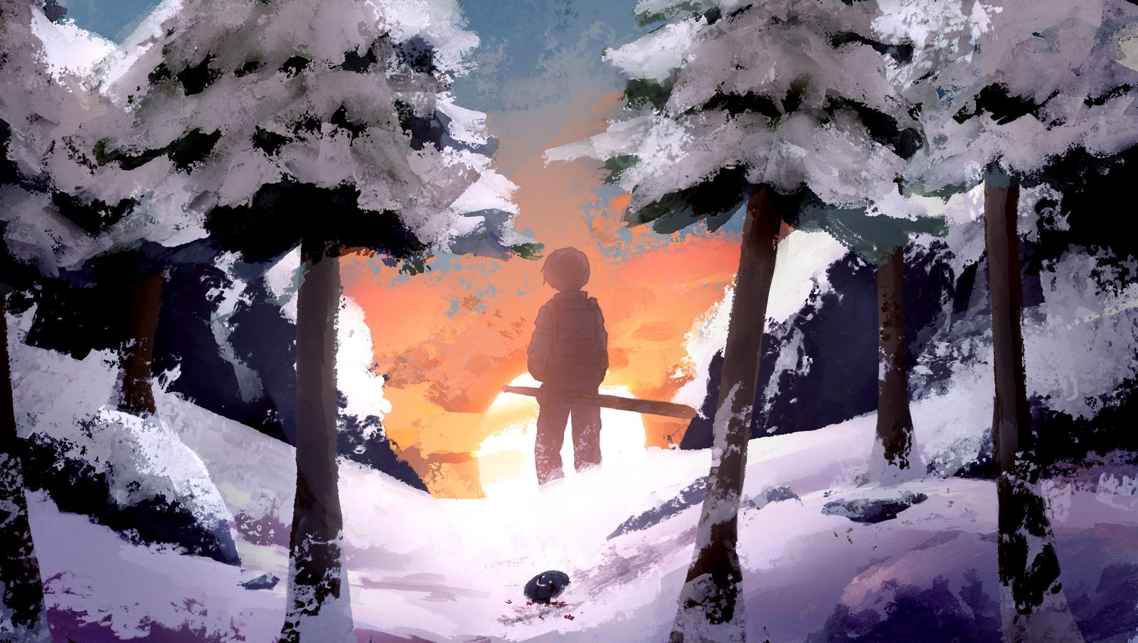 Snowy forest painting from the channel